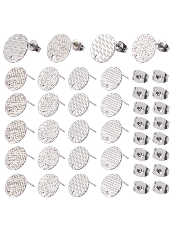1 Box 40Pcs 4 Styles Flat Round Earring Posts Silver Stud Earring Findings with Loop Hypoallergenic with Ear Backs Stainless Steel