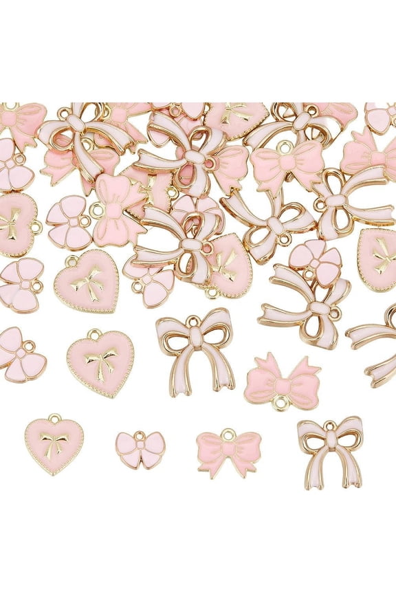 1 Box 40Pcs 4 Styles Pink Charms Bowknot Charm Alloy Enamel Flat Lolita Cute Gold Bows Tie Heart Charm