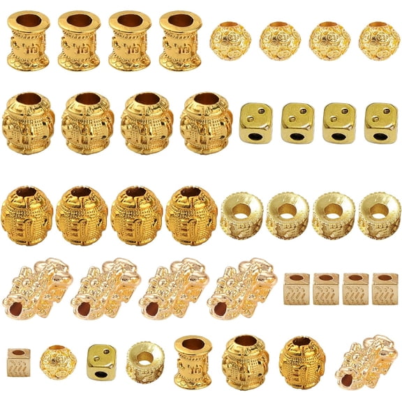 1 Box 40Pcs 8 Styles Beads Gold Plated Feng Shui Charms Alloy Barrel Column Pi Yao Pixie Good Luck Wealth Ball Spacers Large Hole for DIY Jewelry Making Bracelets Supplies