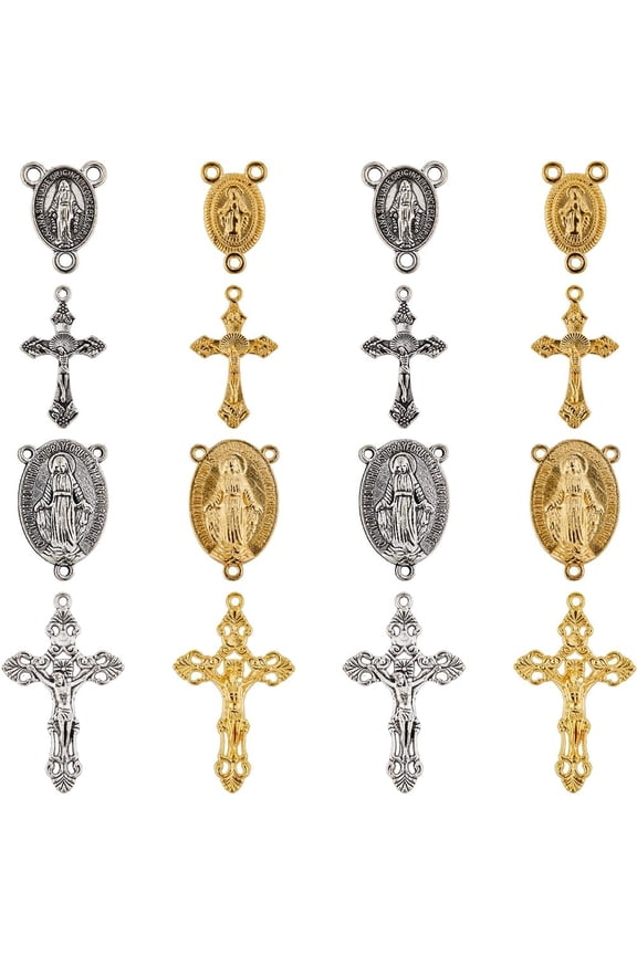 1 Box 40Pcs 8 Styles Rosary Cross Charms Silver Crucifix Rosary Charm Easter Holiday Gold Tibetan Alloy Oval Chandelier Links Charm for Jewelry Making Charms Supplies DIY Necklaces Crafts