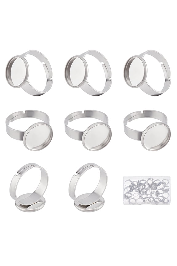 1 Box 40Pcs Adjustable 304 Stainless Steel Finger Rings Components Pad Ring Base Findings Flat Round Inner Diameter: 17~17.5mm Tray: 12mm