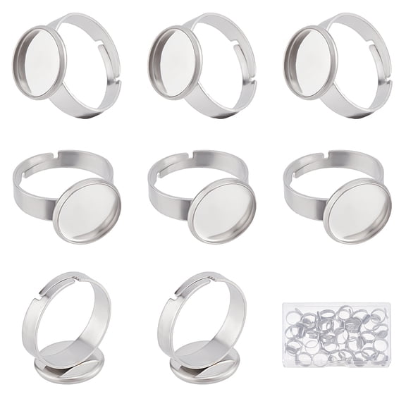 1 Box 40Pcs Adjustable 304 Stainless Steel Finger Rings Components Pad Ring Base Findings Flat Round Inner Diameter: 17~17.5mm Tray: 12mm