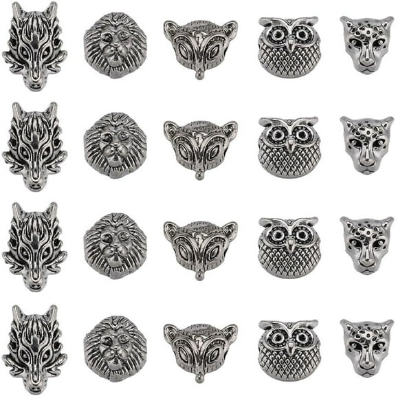 1 Box 40Pcs Animal Bracelet Beads Animals Head Bead 3D Tibetan Style Antique Silver Alloy Lion Leopard Wolf Fox Owl Beads Loose Spacer Beads
