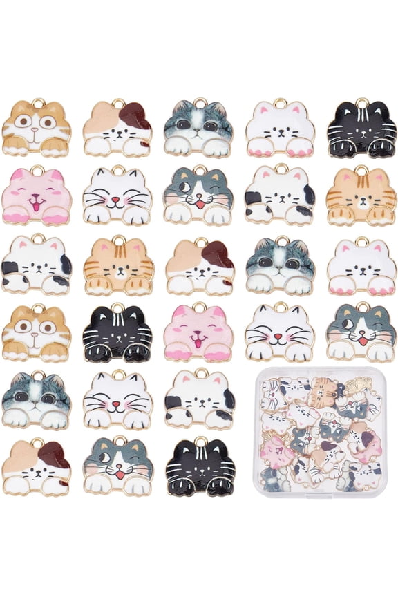 1 Box 40Pcs Cat Charms Enamel Cat Head Charm Kitten Lucky Pet Flat Back Animal Alloy Pendants for DIY Making