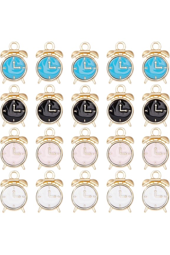 1 Box 40Pcs Clock Charms Bulk Enamel Alarm Clock Charm Mini Lifelike Miniature Time Clock Charms Black White Alloy Charm