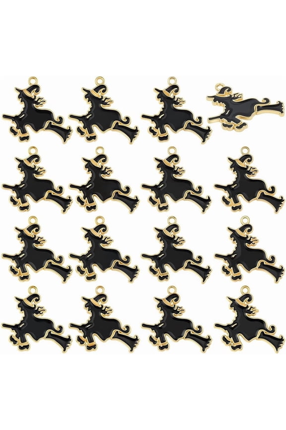 1 Box 40Pcs Enamel Witch Charms Earring Charms Bulk Black Metal Alloy Holiday Wizard Broom Decoration Pendants Findings