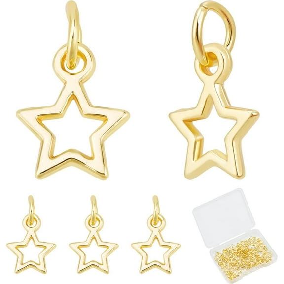 1 Box 40Pcs Golden Star Charms Bulk Real 18K Gold Plated Brass Tibetan Metal Hollow Pentagram Small Dangle Charm with Jump Ring for Jewelry Making Pendant DIY Earring Crafts Accessories
