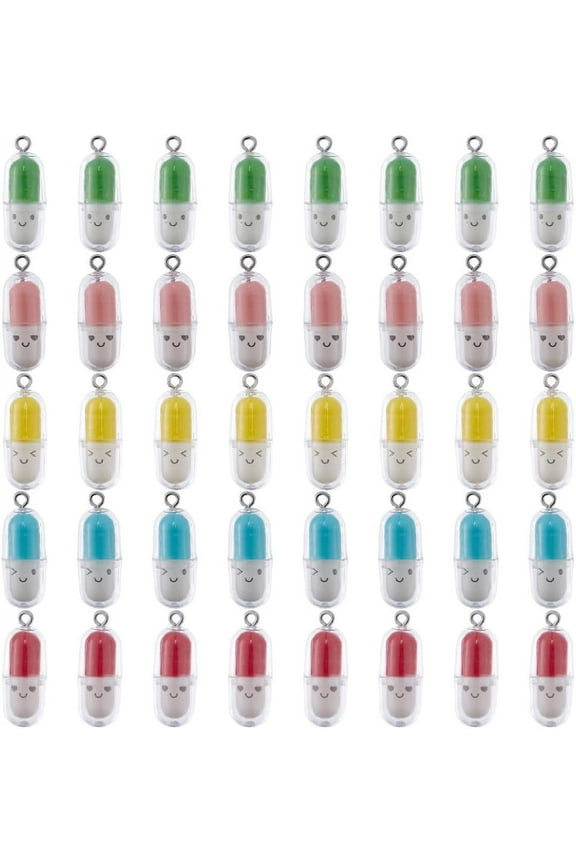 1 Box 40Pcs Medical Charms Bulk Nurse Charms Colorful Plastic Openable Miniature Capsule Funny Charm Lifelike Smiling Face Empty Charm for Jewelry Making Charms Pen Decoration DIY Supplies