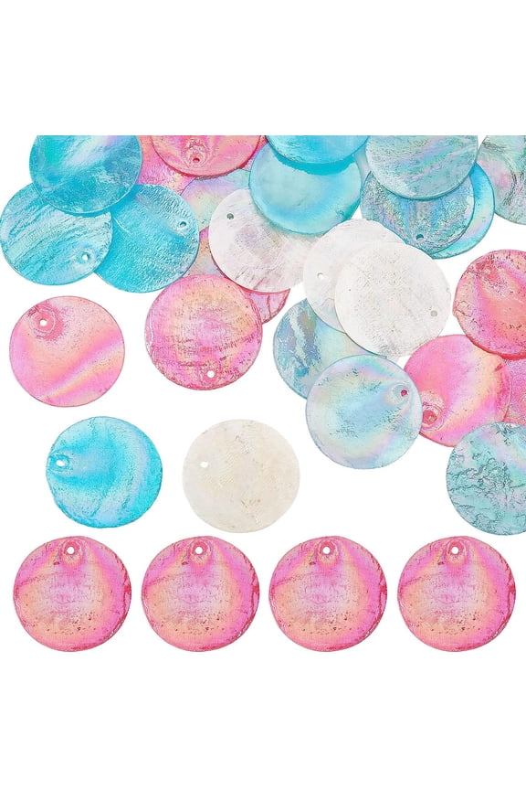 1 Box 40Pcs Shell Charms Seashell Charm Capiz Shells Slices AB Color Charms 25mm Flat Round Blue Pink Sea Shell Summer Ocean Charms