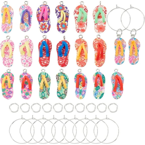 1 Box 40Pcs Wine Glass Charms DIY Polymer Clay Flip Flops Drink Charm Markers Random Wine Tags Glasses with Rings for Holiday Birthday Beach Accessories Party Favors