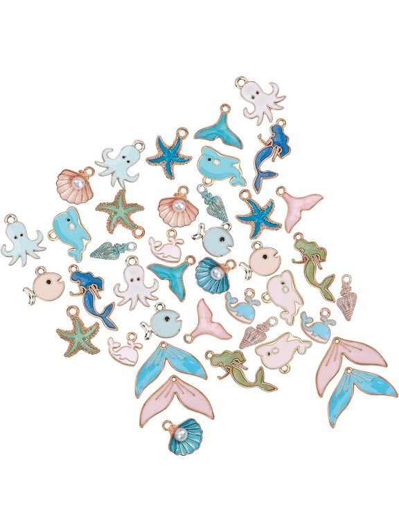 1 Box 40pcs 10 Styles Ocean Charms Set Whale Tail Spiral Shell Sea Stars Octopus Fish Alloy Enamel Charms Pendants for DIY Earrings Necklace Bracelet Making Accessories