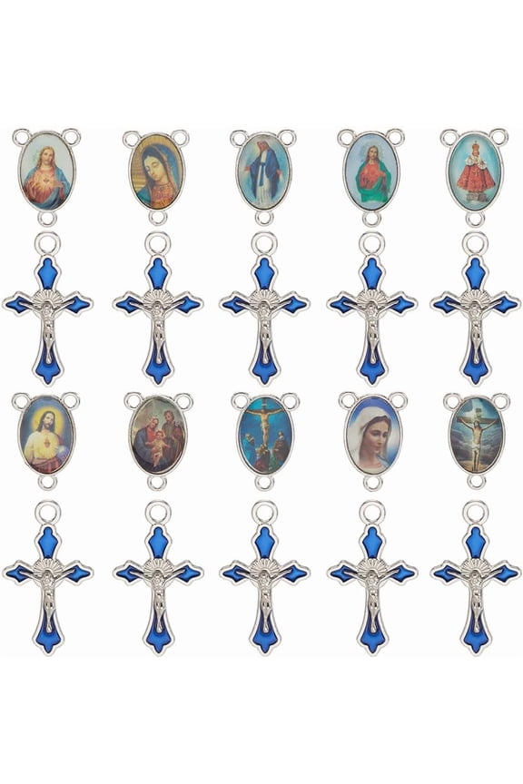 1 Box 40pcs 2 Styles Easter Rosary Charms Silver Crucifix Charm Mixed Color Oval Vintage Tibetan Style Crucifix Center Medal Links Pendants for Jewelry Making Women Supplies Findings