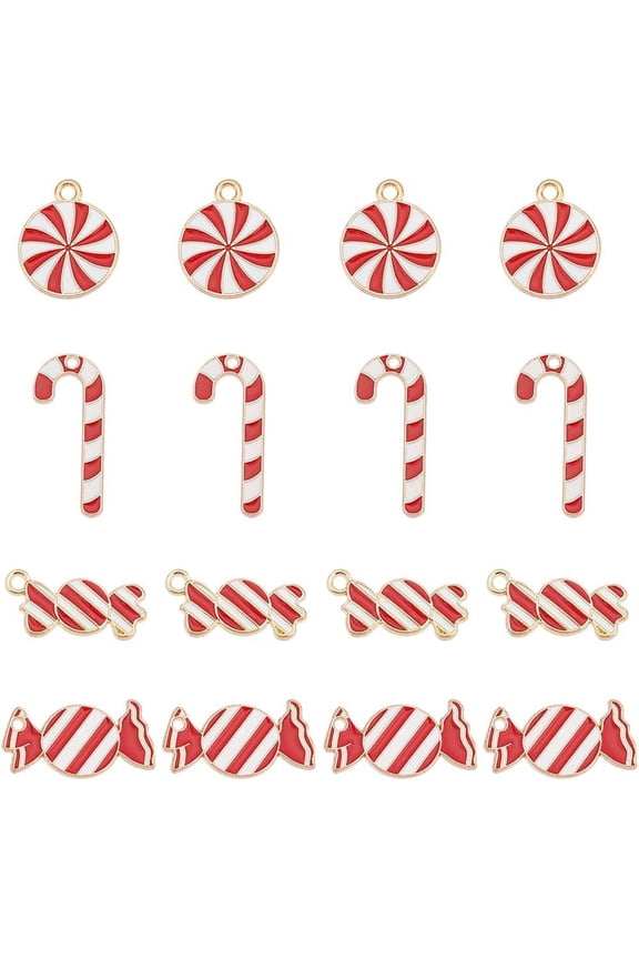 1 Box 40pcs 4 Styles Christmas Candy Charms Bulk Candy Cane Charms Round Alloy Enamel Holiday Red White Candies Charm