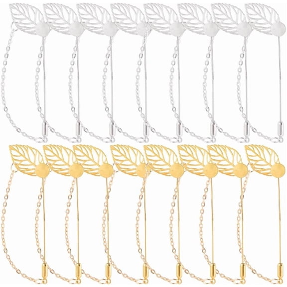 1 Box 40pcs Brooch Stick Pin Leaf Lapel Pin Stainless Steel Gold Silver Hollow Leaf Long Safety Brooch Needle Findings with Chain for Jewelry Accessories Wedding DIY Badge Scarf Hat Supply Colorful