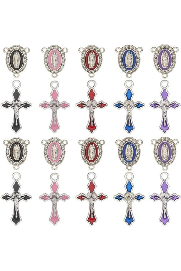 1 Box 40pcs Easter Rosary Charms Beads Enamel Cross Charms Tibetan Oval Blue Purple Red Chandelier Crucifix Rosary Pendants for Jewelry Making Necklace Bracelets Earring Diy Projects
