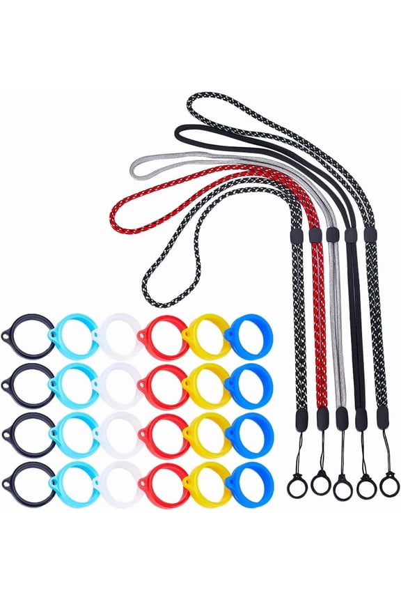 1 Box 41PCS Anti-Lost Silicone Rubber Rings Holder Set Includes 36PCS 6 Colors 20mm Anti-Loss Pendant Ring 5PCS 5 Colors Necklace Strap String Lanyard Straps for Daily Life Office Key for DIY