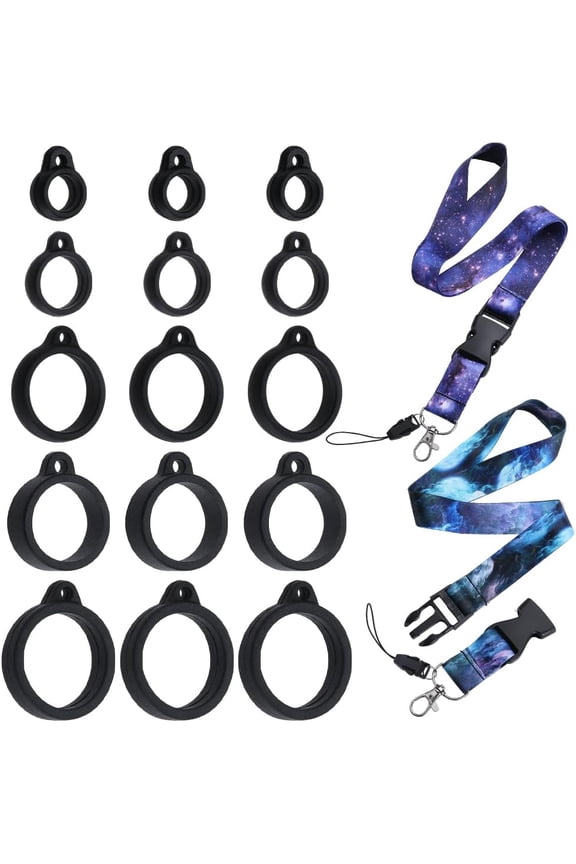 1 Box 42PCS Anti-Lost Necklace Lanyard Set Including 2PCS Anti-Loss Pendant Strap String Holder with 40PCS 8&13&16&18&20mm Black Silicone Rubber Rings for Office Key Chains Outdoor Activities