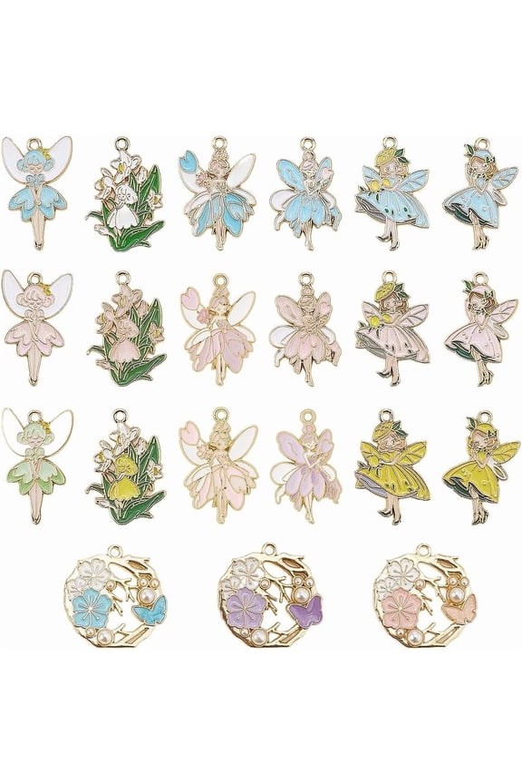1 Box 42Pcs 21 Styles Fairy Charms Angel Charm Enamel Spring Colorful Floral Cartoon Wing Flower Pendants