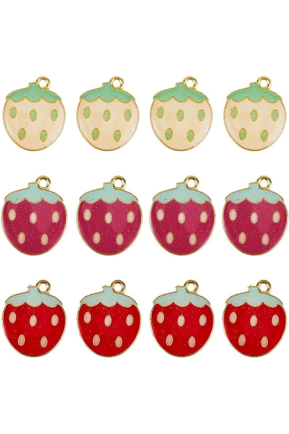 1 Box 42Pcs 3 Colors Strawberry Charm Enamel Fruit Charms Bulk Golden Metal Alloy Fruits Strawberries Food Mini Dangle Charm for DIY Jewelry Making Charms Bracelets Earring DIY Crafts Supplies
