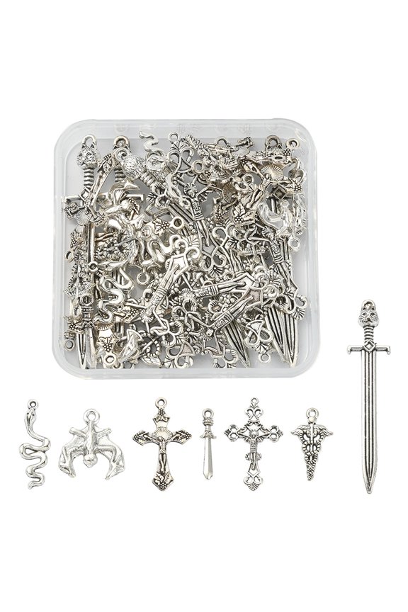 1 Box 42Pcs 7 Style Gothic Themed Tibetan Style Alloy Pendants Sets Katana & Crucifix Silver 18~66.5x5~26x2~6mm Hole: 1~2mm 6pcs/style