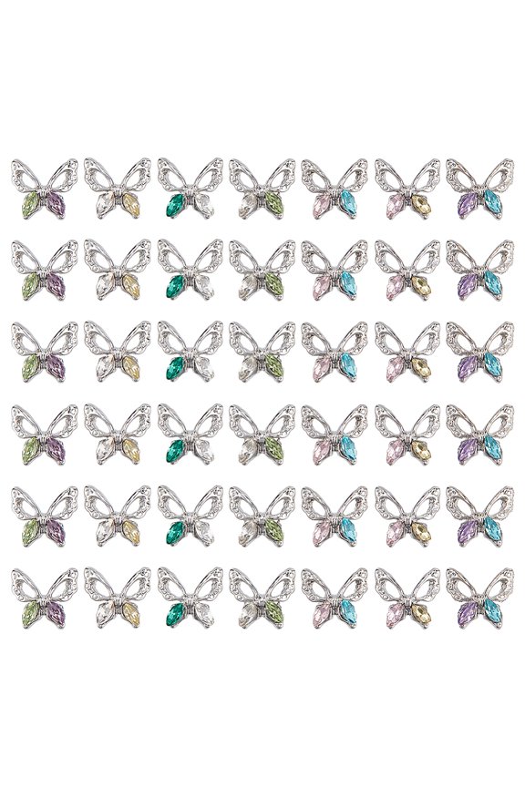 1 Box 42Pcs Butterfly Nail Charms Rhinestone Butterflies Nail Gems Butterfly Flatbacks 3D Metallic Butterflies Silver Butterfly Nail Charm