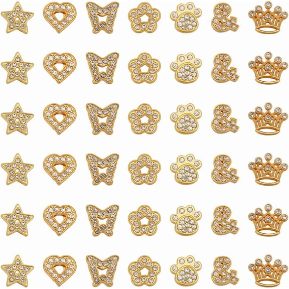 1 Box 42Pcs Gold Slide Charms Bulk Alloy Slider Charm Rhinestone Star Heart Butterfly Flower Paw Symbol Slide Charm Spacer Beads