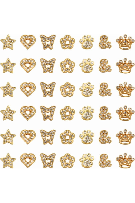 1 Box 42Pcs Gold Slide Charms Bulk Alloy Slider Charm Rhinestone Star Heart Butterfly Flower Paw Symbol Slide Charm Spacer Beads