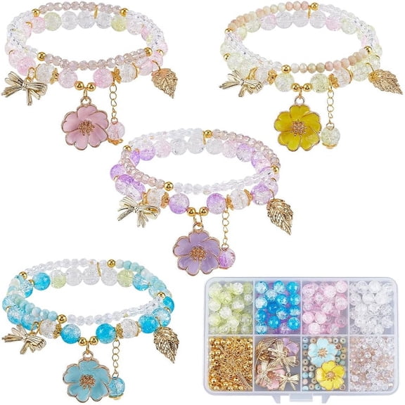 1 Box 430pcs DIY 4 Sets Flower Bracelet Making Kit Enamel Flower Charms Spring Light Gold Plated Violet Flowers Bowknot Leaf Electroplate Clear Ab Colors Bead Making Beginners Real 18K Gold Plated
