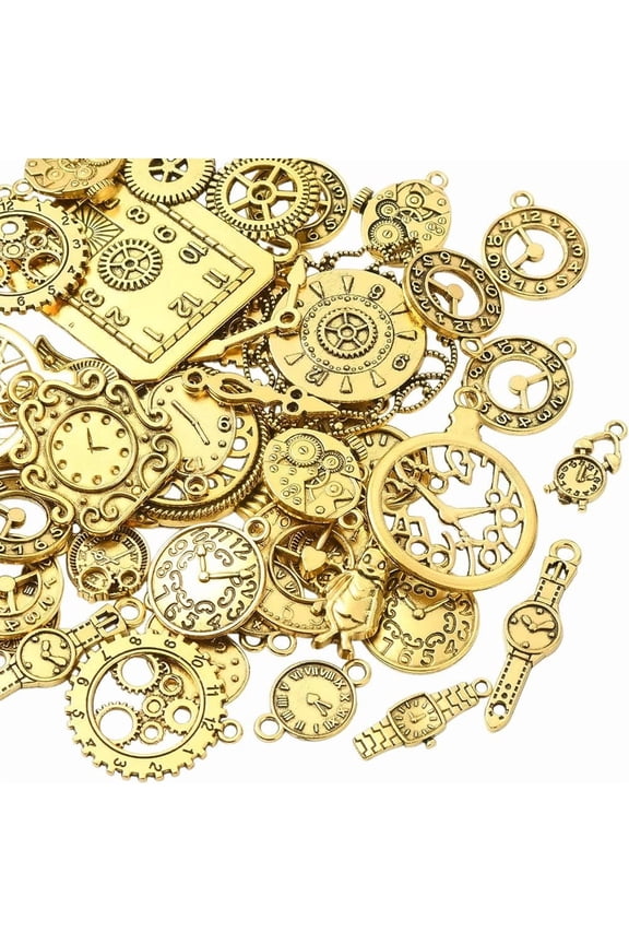 1 Box 45Pcs Vintage Clock Charm Tibetan Metal Charms Gold Retro Court Dangle Mixed Shaped Small Craft Alloy Pendants Findings for DIY handcrafting