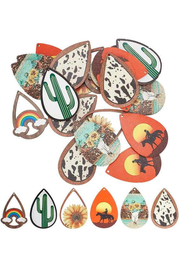 1 Box 48 Pcs Wood Teardrop Big Charms 6 Styles Single Face Printed Hollow Wood Pride Charms Rainbow Desert Sunflower Wooden Pieces Pendants for Earrings Jewelry Making Craft