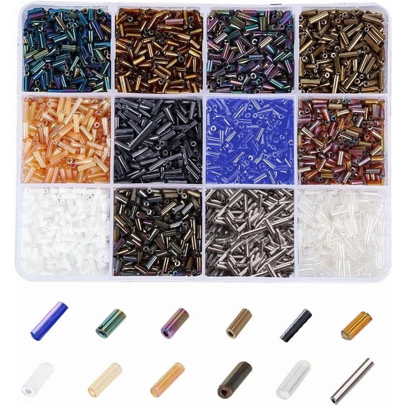 1 Box 4806Pcs 12 Style Glass Bugle Beads Iris Mixed Color 4~7x1.5~2mm Hole: 0.5~1mm