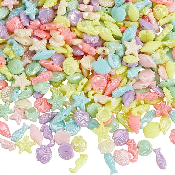 1 Box 480PCS Mixed Color Acrylic Marine Life Beads with Holes Sea Shell Fish Starfish Assorted Organism Shapes Spacer Loose Bead Bulk DIY