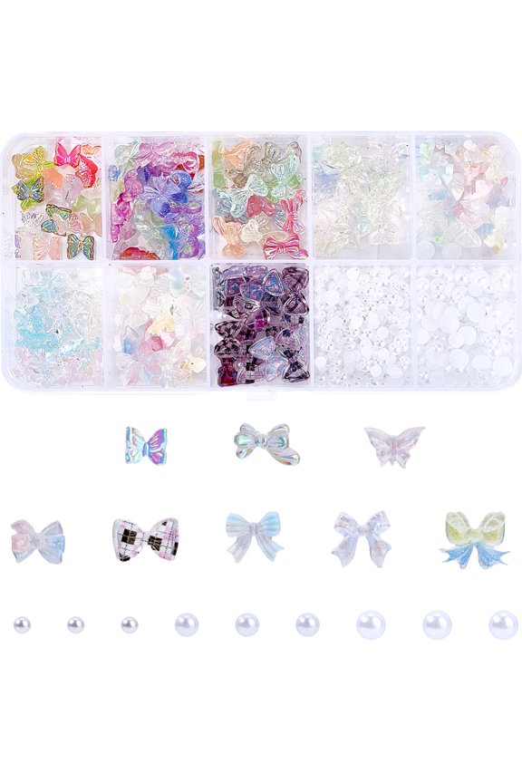 1 Box 480Pcs 10 Grids Nail Charms Flatback Nail Pearls Kit Resin Cabochons Colorful Shiny Luminous Bowknot Butterflies White Half Round Pearls