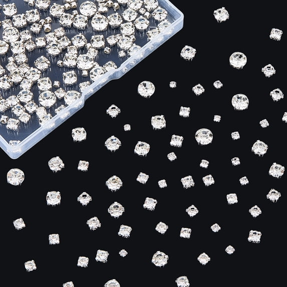 1 Box 480Pcs 6 Sizes Clear Sew on Rhinestones Glass Sew on Crystals 3/4/5/6/7/8mm Square Gems Flatback Prong Claw Crystals with Iron Base
