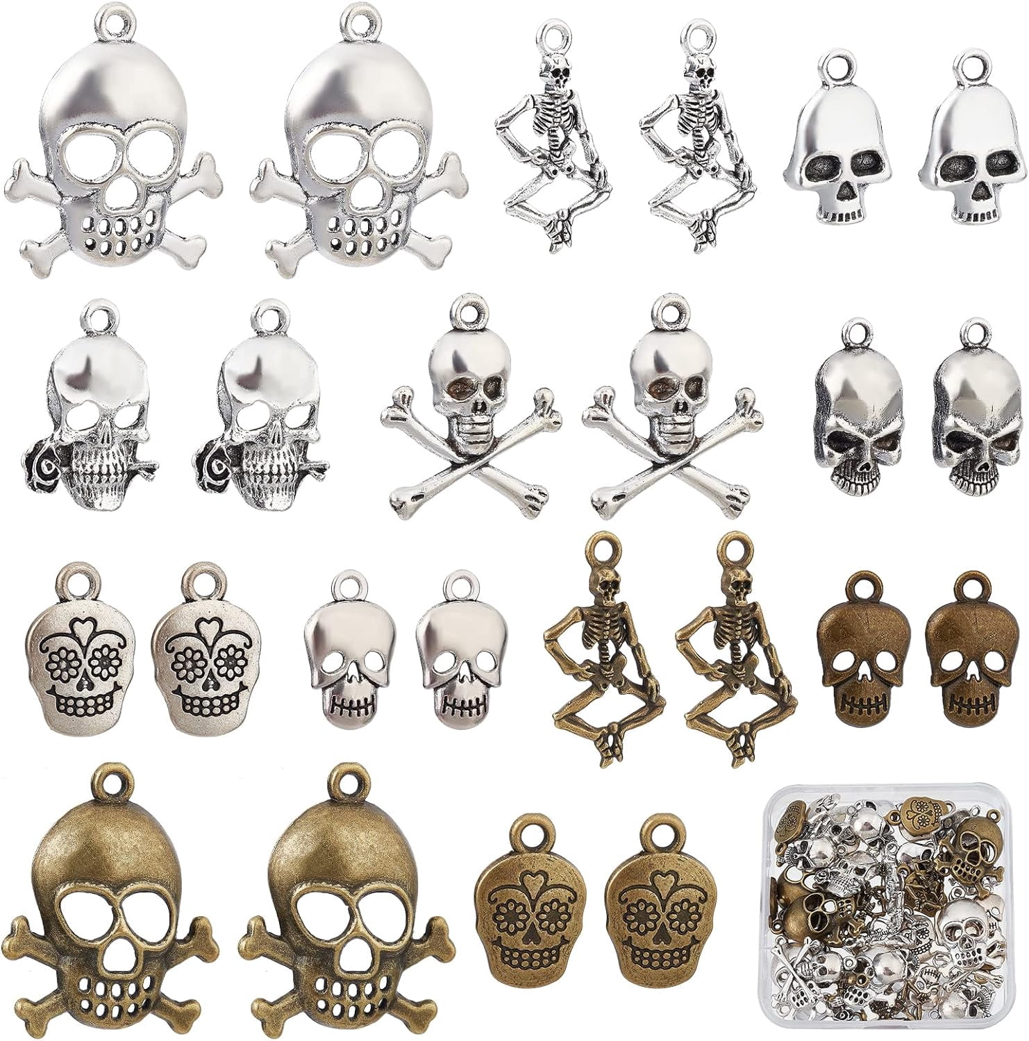 240 Pieces Ancient Silver Skull Charms For Jewelry Making | Zinc Alloy Pendant Findings Bulk Pack | 10x17mm For Bracelet Necklace Crafting