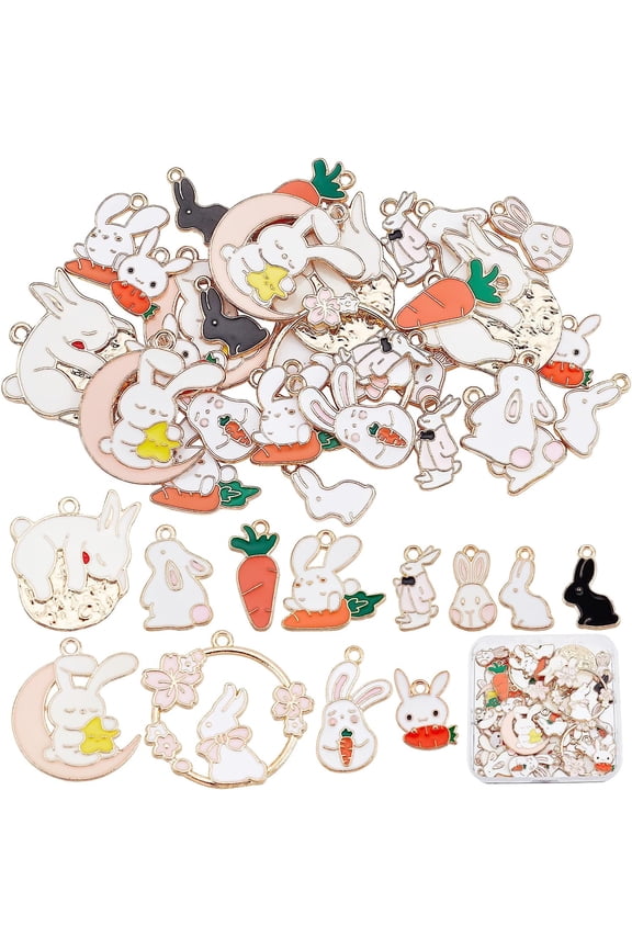 1 Box 48Pcs 12 Styles Easter Charms Bulk Bunny Charm Rabbit Carrot Alloy Enamel Charms Animal Dangle Charm for DIY Making