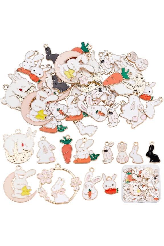 1 Box 48Pcs 12 Styles Easter Charms Bulk Bunny Charm Rabbit Carrot Alloy Enamel Charms Animal Dangle Charm
