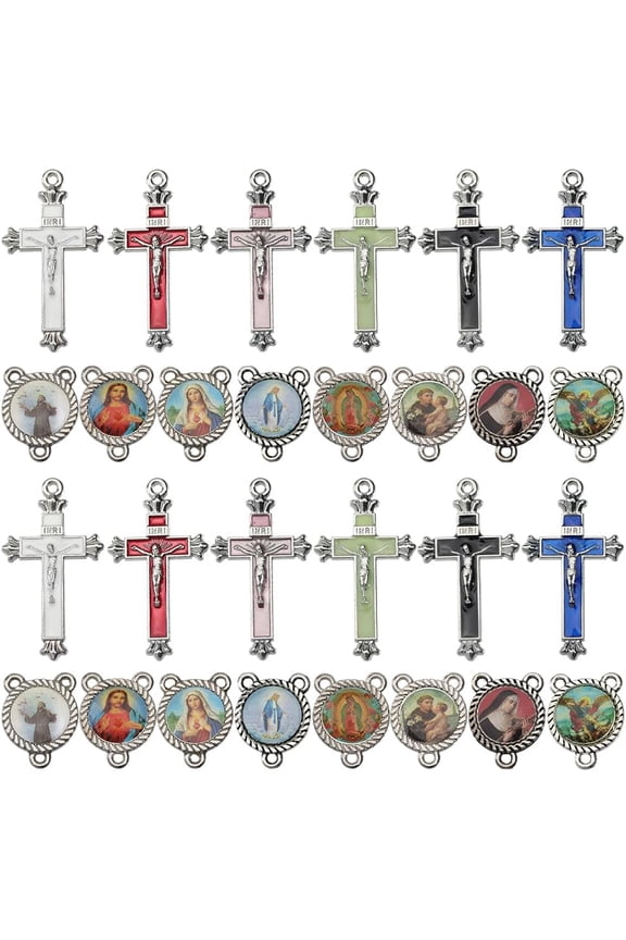 1 Box 48Pcs 14 Styles Rosary Charms Center Medal Charms Bulk Silver Vintage Easter Crucifix Rosary Pendants for Jewelry Making Supplies DIY Craft Findings Necklace Bracelet