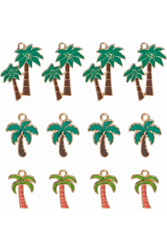 1 Box 48Pcs 3 Styles Coconut Tree Charms Enamel Tree Charm Small Gold Alloy Metal Hawaii Beach Fresher Plant Palm Tree Charm