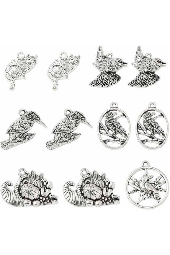 1 Box 48Pcs 6 Styles Silver Charm Metal Animal Charms Bulk Alloy Vintage Antique Holiday Cat Bird Snail Star Pendants
