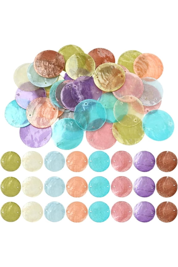 1 Box 48Pcs 8 Colors Flat Round Shell Beads with 2 Holes Shell Connector Charms 1.2 Inch Disc Coin Summer Beach Ocean Seashell