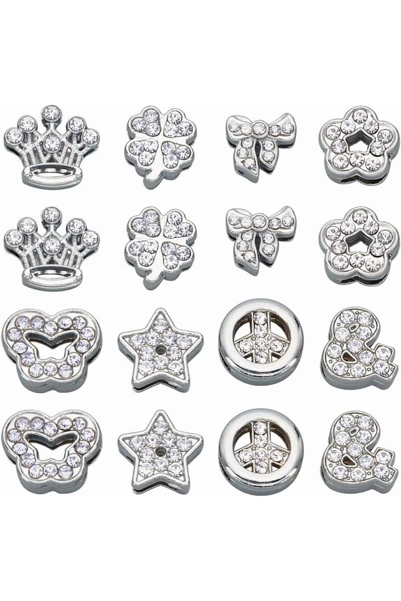 1 Box 48Pcs 8 Styles Alloy Slide Charms Rhinestone Slider Charm Bulk Assorted Metal Silver Four Leaf Clover Star Glitter Art 3D Charms Bead for Jewelry Making DIY Crafts Supplies