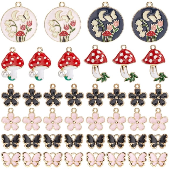 1 Box 48Pcs 8 Styles Assorted Spring Charms Enamel Floral Charms Bulk Flat Mushroom Flowers Butterfly Various Springs Pendants