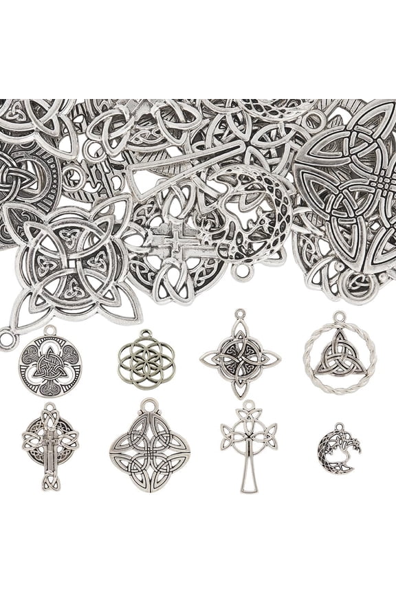 1 Box 48Pcs 8 Styles Celtic Knot Charms Bulk Trinity Knot Charm Large Alloy Chinese Tibetan Silver Style Connector Charm for Jewelry Making Charms DIY Craft Necklace Bracelet Earring