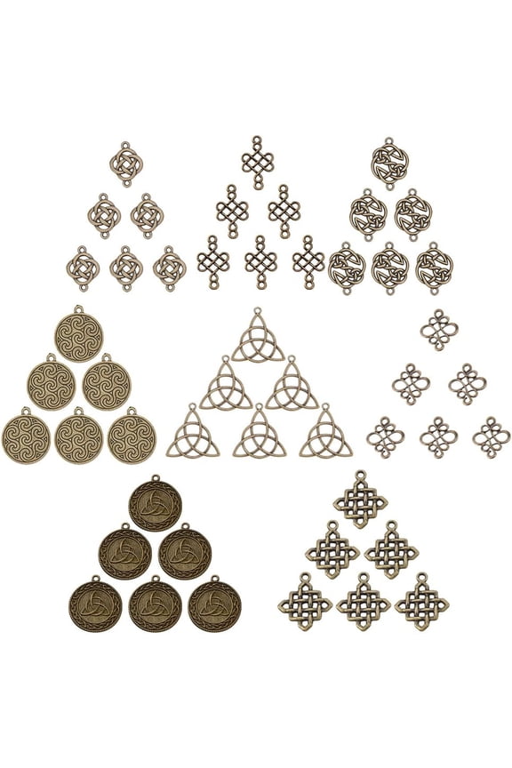 1 Box 48Pcs 8 Styles Celtic Knot Charms Pagan Chinese Knot Flower of Life Connectors Tibetan Style Alloy Hollow Pendants for Crafts Supplies Bronze diy