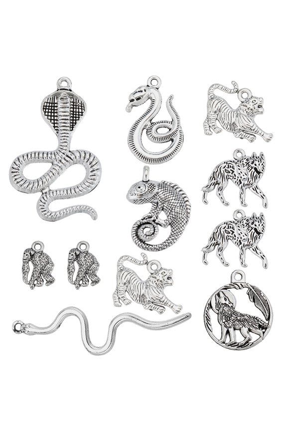 1 Box 48Pcs 8 Styles Metal Snake Charm Silver Animal Charms Tibetan Alloy Lizard Tiger Monkey Wolf Wild Animals Pendants