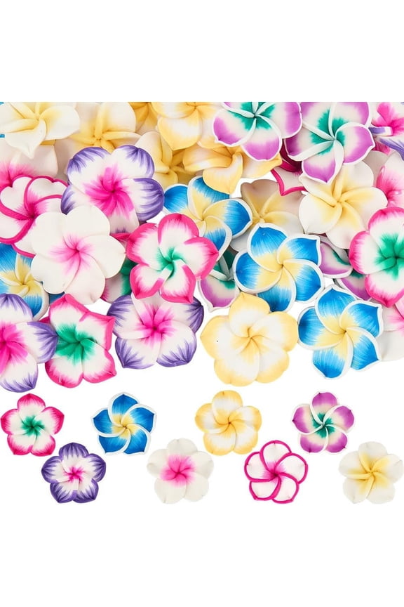 1 Box 48Pcs 8 Styles Plumeria Bead Flower Beads Bulk 25mm Hawaii Summer Sea Beach Large Polymer Clay White Yellow Blossom Floral Flowers Beaded Keychain Women Gifts Mixed Color