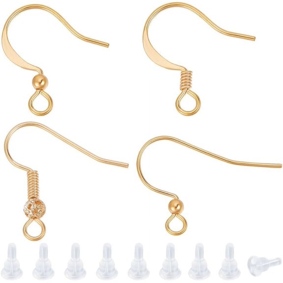 1 Box 48Pcs Earring Hooks Findings 18K Gold Plated Brass French Earring Hook 4 Style Ear Wires with Loop for DIY Earring Making