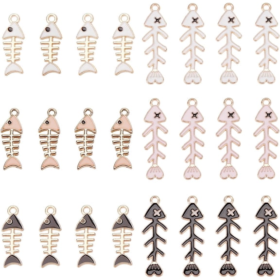 1 Box 48Pcs Fish Charms Charms Fishbone Charm Enamel Fish Bone Sea Animals Summer Black White Colorful Charms