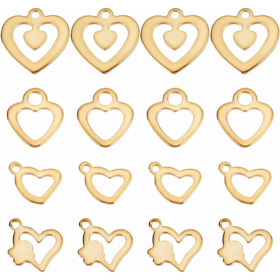 1 Box 48Pcs Heart Pendant Charms 24K Gold Plated Brass 4 Style Heart Shape Pendants with Hole